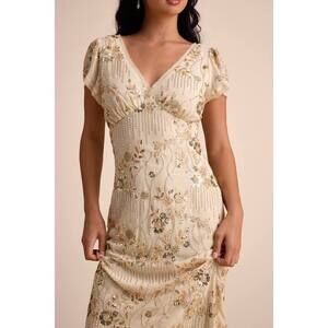 Lulus Angelila Beige Sequin Beaded Short Sleeve Midi Dress - Size M